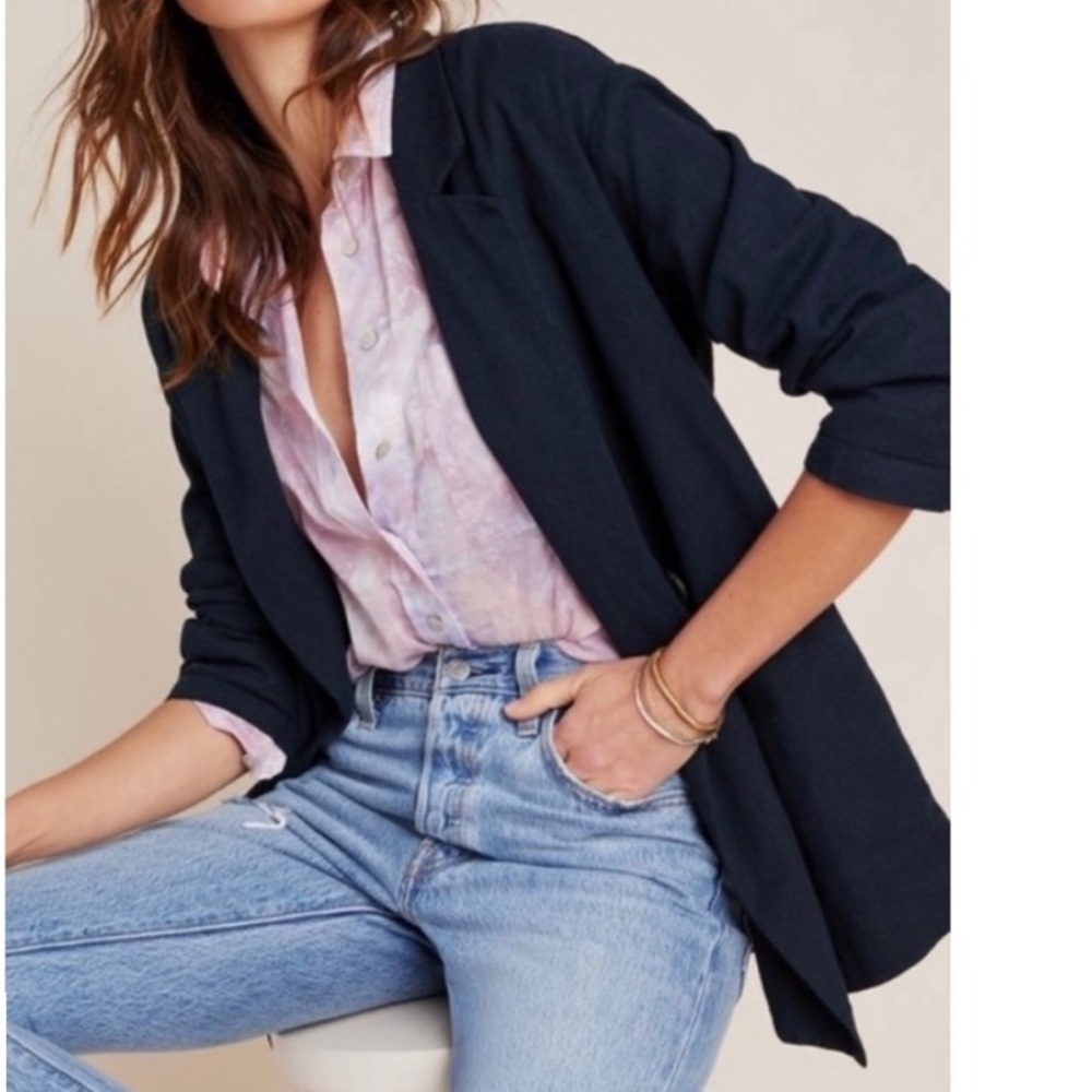 NWT Anthropologie Women’s AMADI Kaye Linen Blend Blazer Size S Navy Blue